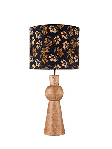 Image of Green Girgit Wooden Skirt Lamp with Multicolor Black Floral Shade