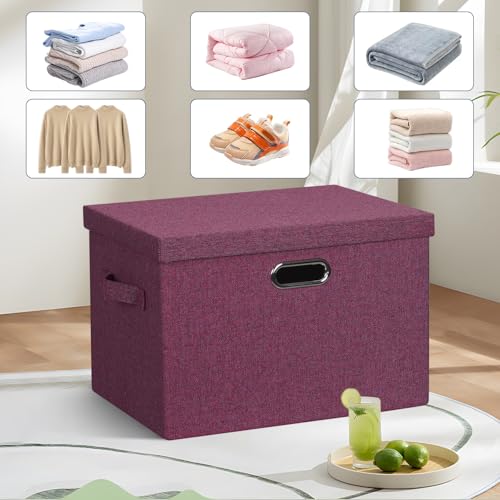 Graciadeco Large 17" 36 Quart Collapsible Stackable Storage Bins with Lids, 3 Packs Purple Linen Fabric Closet Boxes with Lids, Storage Cube Baskets Container Organizers for Bedroom Office (17x12x11) by Graciadeco - Image 6