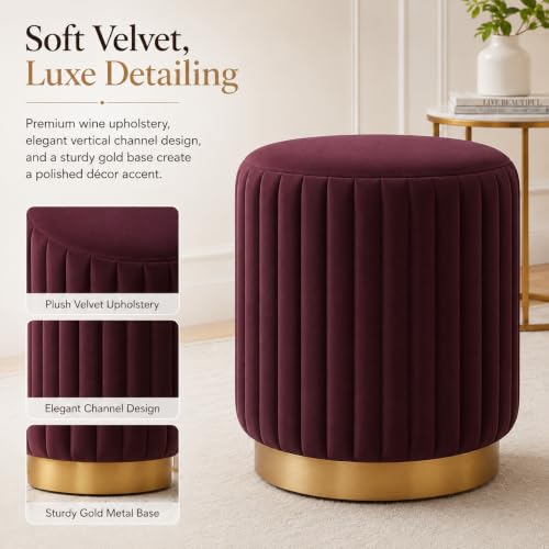 Image of Designer Velvet Round Footstool Ottoman with Sturdy Gold Metal Band Base for Home Decor & Extra Seating, Lightweight Pouf Stool for Sofa Side & Bedroom, 16x16x17 Inch (Coffee)