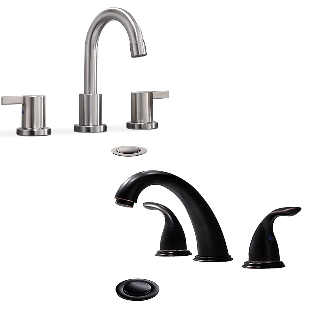 Nfusrxmbk Bronze 2 Handle 8 Inch Widespread Bathroom Faucet，Brushed Nickea And Loil Rubbed With Pop Up Drain Wf015-1-Bn+Wf008-5-Orb