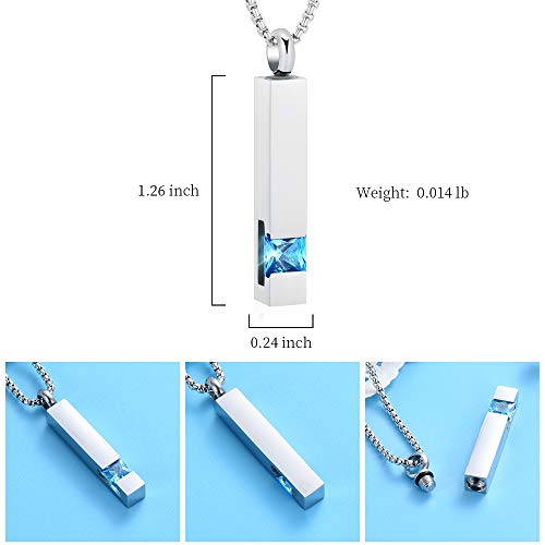 Eternitymemory Inlay Multi-Colored Square Crystal Bar Cremation Urn Necklace Holder For Ashes - Engravable (Light Blue Stone) #TOP1