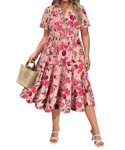 CARCOS Plus Size Dresses for Curvy Women Pink Floral Short Sleeve Dress...