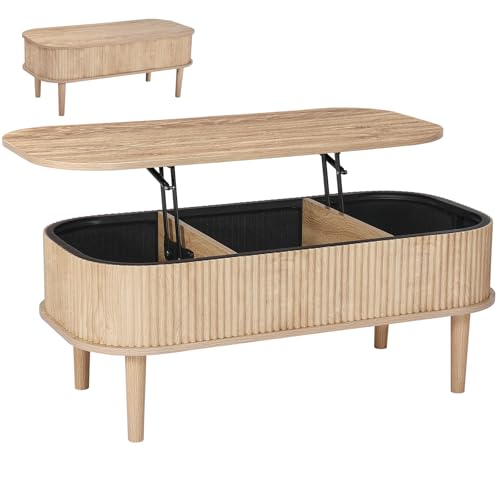 VEVOR Fluted Lift Top Coffee Table, Oval Wood Coffee Table with 3 Hidden Compartment, Mid Century Modern Center Table with Storage, Lift up Tabletop for Home Living Room Office, Easy Assembly, Natural