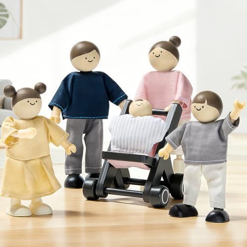 Tiny Land Wooden Dollhouse People Set, 5-Piece Poseable Wooden Doll Family with Dad, Mom, Brother, Sister, Baby and Stroller, Dollhouse Accessories...