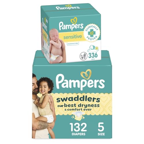 Pampers Swaddlers Disposable Baby Diapers Size 5, 132 Count with Sensitive Water Based Baby Wipes 4X Pop-Top Packs (336 Count)