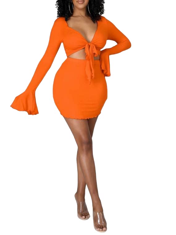 Women's Polyester Slim Fit Casual Solid Deep V Neck Lace Up Skirt Outfits Set of 2 |Orange |XL-image-48