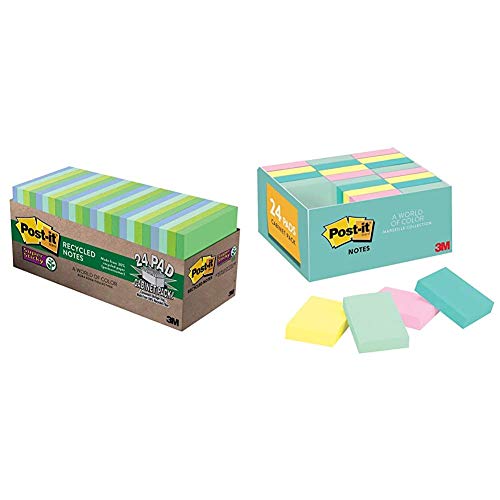Post-it Super Sticky Recycled Notes, 3 in x 3 in, 24 Pads, 2X The Sticking Power & Mini Notes, 1.5 in x 2 in, 24 Pads, America's #1 Favorite Sticky Notes, Pink, Mint, Yellow, Recyclable (653-24APVAD)