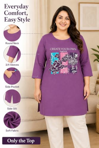 Image of RYSH Women's Plus Size Printed Nightshirt | Round Neck | 3 /4 Sleeve | Relaxed Fit Long Nightwear Top |