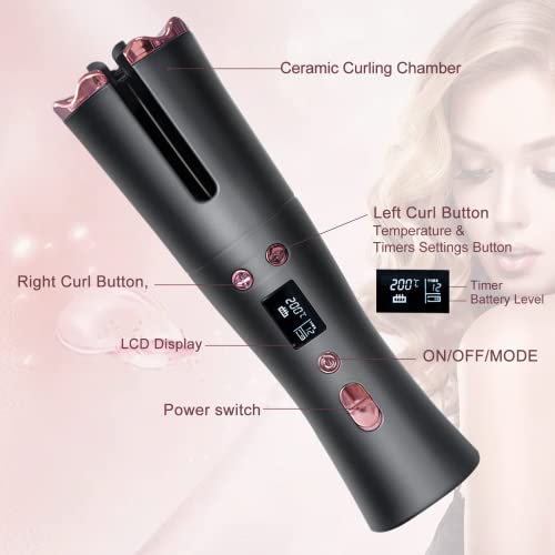 Yebicola Automatic Curling Iron, Cordless Curling Iron Automatic Hair Curler With 6 Temps & Timers, Auto Shut-Off Rechargeable, Portable Ceramic Curling Wand For Fine Medium Hair Mother's Day #TOP5