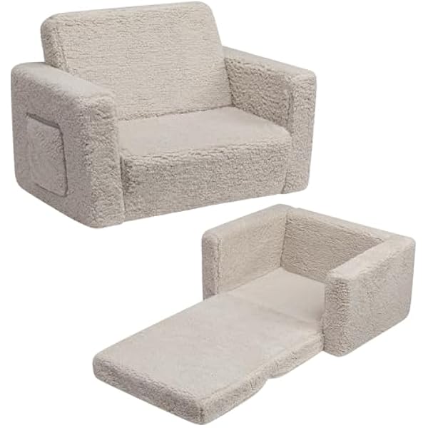 BEJOY Sofa dziecięca rozkładana 2 w 1, sofa z funkcją spania, fotel dziecięcy, Sherpa, rozkładana sofa do pokoju dziecięcego, na dzień dziecka i urodziny, dla dziewcząt i chłopców, jasnoszara