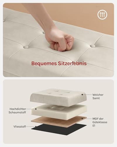 WOLTU Sitzbank mit Stauraum 110 cm, Truhe mit Stauraum 118 L faltbar, Sitztruhe Sitzbox Aufbewahrungsbox klappbar, Bettbank Schlafzimmer, belastbar bis 300 kg, aus Samt, Cremeweiß