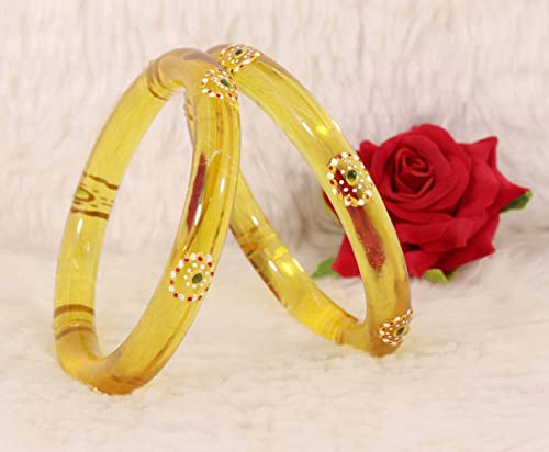 Image of NMII Traditional Glass With Diamond Cutting Pattern Glossy Finished Stylish Kada Set For Women And Girls | Crystal Glass Kada Bangles Set For Wedding, Festive