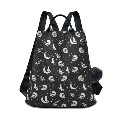 KZTNVR Skull Cat Moon Gothic Backpack Purse for Women Nylon Anti-theft Travel Backpack Fashion Back Pack Shoulder Bag