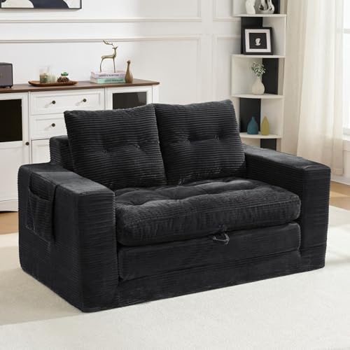 KOMHTOM Banquette Convertible 2 Places Canapé Lit Compact avec Poches Latérales pour Salon Chambre Bureau Velours Côtelé Noir(Black)