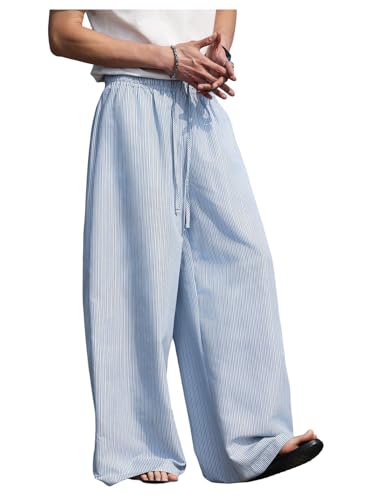 SHENHE Men's Baggy Pants Striped Wide Leg Drawstring Loose Casual Pants Travel Beach Trousers