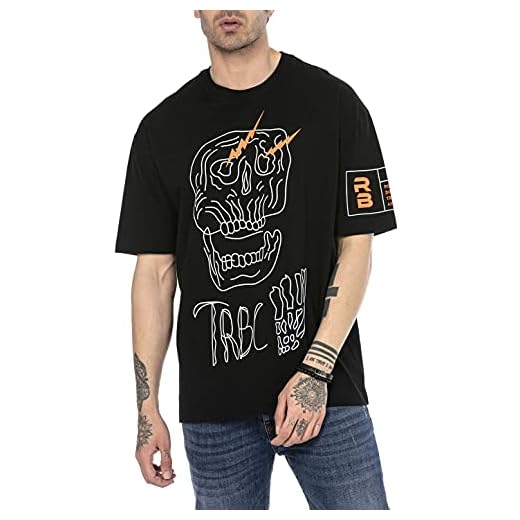Camiseta para Hombre con Mangas Cortas Corte Oversize Cuello Redondo Algodón Calavera Negro L