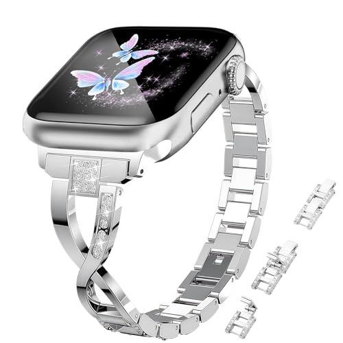 #Commissioniguadagnate<br>Cinturino in Metallo per Apple Watch Cinturino 38mm 40mm 41mm 42mm Donne Strass Metallo Cinturini di Ricambio per iWatch Series 11 42mm/10 42mm/9/8/7/6/5/4/3/2/1/SE/SE2/SE3 Argento
