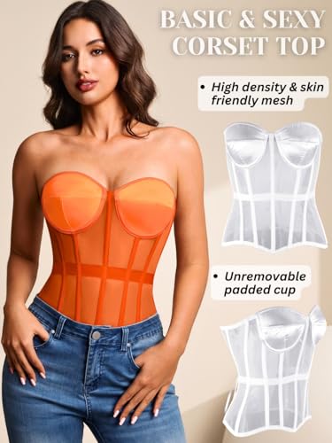 Image of Kaei&Shi Sheer Mesh Overbust Corset,Sexy Strapless Lace Up Satin Bra Corsets Top For Women Shapewear