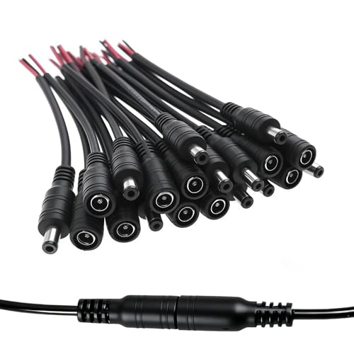 DCプラグ 10本入りx15cm DCジャック 2.1×5.5mm オスメス変換ケーブル ジャックコネクタ 車載機器 監視カメラ用 電源接続/給電対応 ACアダプタ/DVR/CCTVシステム接続