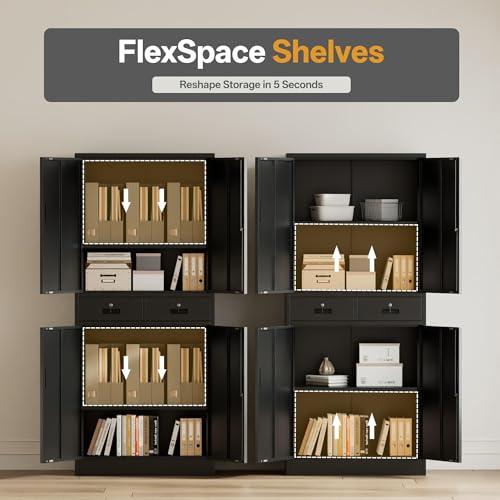 Image of Metal Storage Cabinet, 71 inch H Garage Cabinet with 2 Locking Drawers and 2 Adjustable Shelves, Black Tool Cabinet, Tall Storage Cabinet for Home, Office, Gym, School