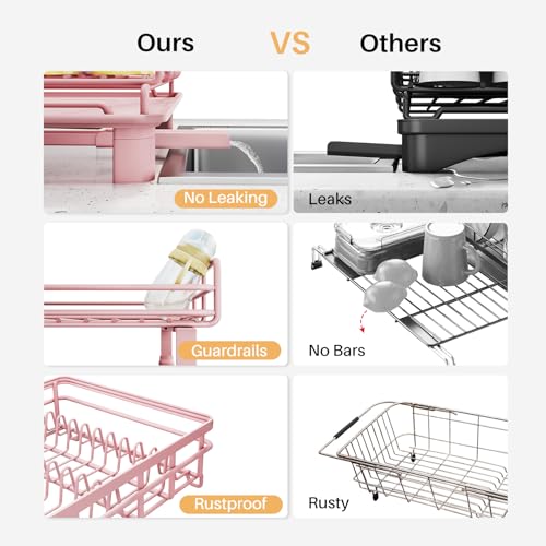 Image of SNTD Dish Drying Rack - Extendable Dish Rack, Large Sink Drying Dish Drainer for Kitchen Counter, Stainless Steel Dish Strainer with Utensil Holder (Pink)
