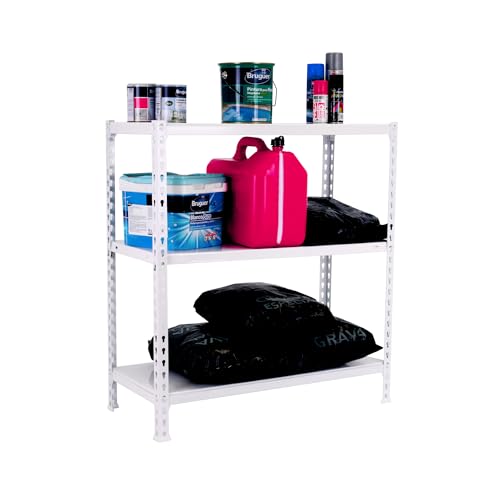 Simon Rack Ecoclick Regal mit 3 Ebenen, 70 kg Tragkraft und Biegepunkt, 900 x 900 x 500 mm, Schwerlastregal, Garagenregal, Weiß