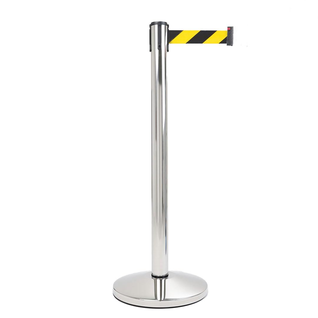 Danieli Store - Postes Separadores en Acero Cromado Pulido con Cinta de 3mt Amarillo y Negro - Base Reforzada y Goma Antideslizante - Cinta Retráctil y con Sistema de Seguridad (Amarillo y negro)