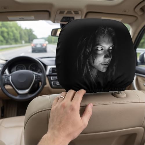 Scary Seat Headrest Covers, 11x10 Inch Elastic Washable Breathable Lightweight Headrest Protector,Soft Funny Universal Auto Interior Accessories for Car Truck SUV Vehicle Sedan Van，Black 1 — view 6