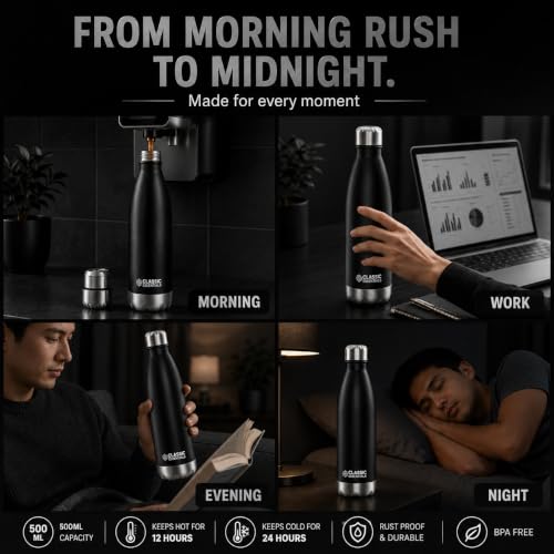 Image of Classic Essentials Insulated Double Wall Stainless Steel Water Bottle 500 ML | 12 Hours Hot & 24 Hours Cold | Vacuum Insulated, Leakproof Bottle for Home, Office, Gym & Travel (Black)