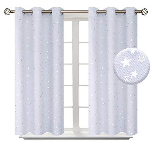 Image of BGment Kids Room Curtains for Bedroom - Grommet Thermal Insulated Silver Star Print Room Darkening Curtains for Living Room, Set of 2 Panels, 38 x 45 Inch, Greyish White