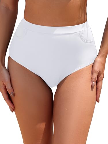 SHEKINI Women's High Waisted Bikini Bottom with 2 Pockets Full Lining Bathing Suit Bottom Swimwear Bottom Swimsuit Shorts Period Swim Bottoms, White, S