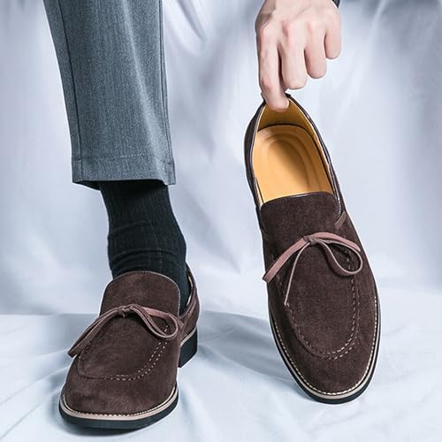 Men's Suede Bow Low Block Heel Business Dress Loafers Classic Comfortable Tassels Slip On Casual Chunky Heel Loafers for Driving Party Work4