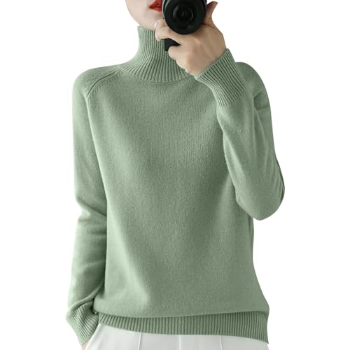 Women's Turtleneck Jumpers Casual Ladies Jumper Sweaters Long Sleeve Pullover Tops Solid Color Knitted Cowl Neck Knitwear,Green,XL