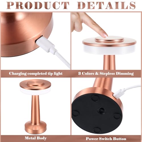 Image of Riakrum 1 Pcs LED Cordless Table Lamp Bulk Rechargeable,Rose Gold | Portable Wireless Lamps, 3 Color Stepless Dimming, 15 Hour Battery, Touch Control, Wedding Home Restaurant Decor