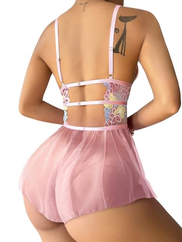 Image of Lilosy Sexy Bows Floral Lace Mesh Babydoll Lingerie Romper