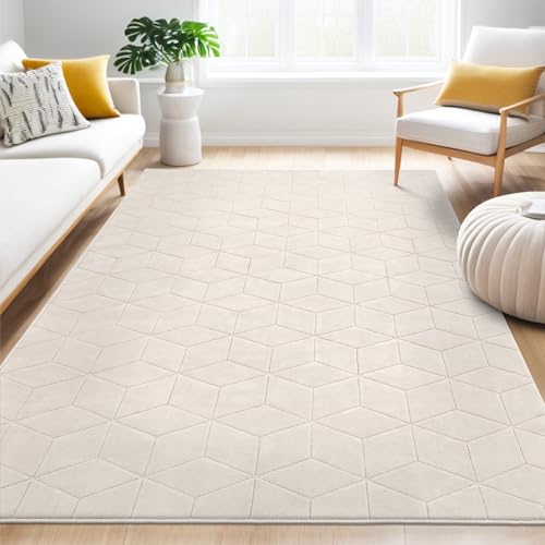 Tapete beige suave y esponjoso 5x7 ft geométrico antideslizante lavable
