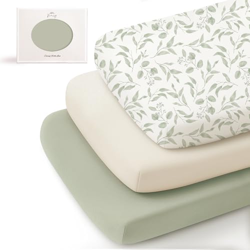 Image of Konssy 3 Pack Stretchy Bassinet Sheets for Baby Girl Boy, Soft Breathable Baby Bassinet Mattress Sheets Fit for Hourglass Oval Cradle, Moses Basket Rectangle Mattress (Green Leaves)