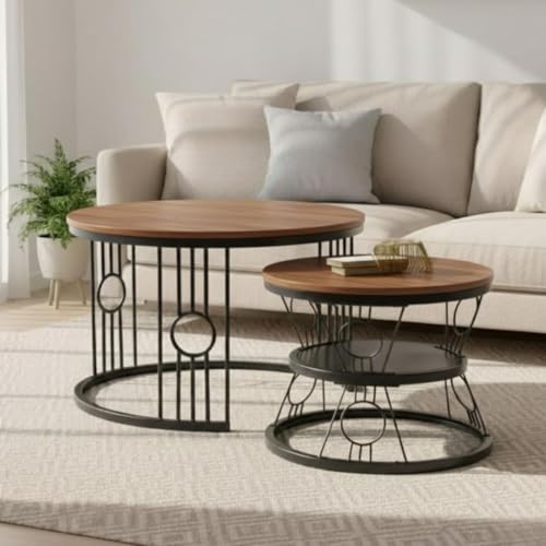Image of Modern Nested Coffee Table Set of 2 | Round Marble Finish Tabletop with Metal Base | Luxury Center Table for Living Room, Lounge & Office (Ring Black Brown)