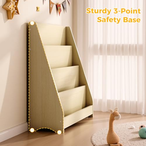 Image of Tatub 4 Tier Kids Wooden Bookshelf, Toddler Sling Bookcase Montessori Bookshelf, Children Front Facing Book Shelf for Nursery, Playroom and Classroom, Natural Wood