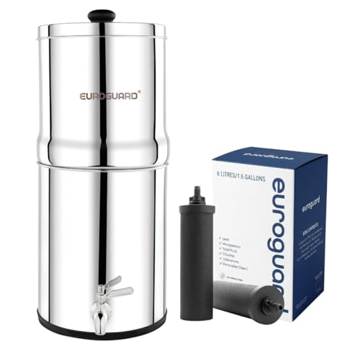 euroguard® Filtre à Eau par Gravité 8,5L – Purificateur d’Eau en Acier Inoxydable 304, 2x Filtres à Charbon Actif, Certifié NSF/ANSI 42 & 372, Robinet...