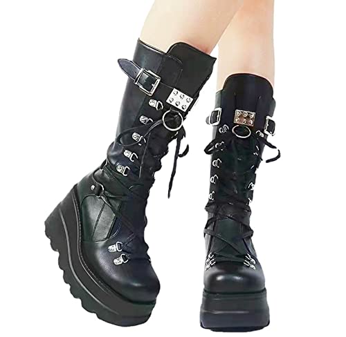 Image of Gothniero High Platform Knee Boots Chunky Heel Wedge Black Boots For Women Combat Goth Punk Motorcycle Booties Zip up With Metal Buckles Size5-11