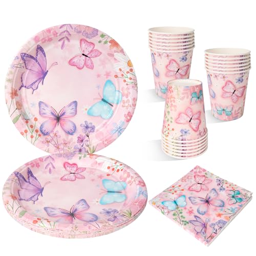 CSYY Service de table de fête 52 pièces papillon 16 invités : 16 assiettes plates, 16 tasses, 20 serviettes en papier sûr, recyclable, motif papillon exquis, parfait pour les fêtes de filles