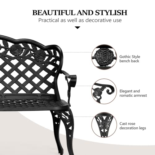 Image of VINGLI 42.5 inch Outdoor Bench, Antique Cast Aluminum Front Porch Bench Metal Garden Benches Cast Iron Benches 2 People Seating (Black)