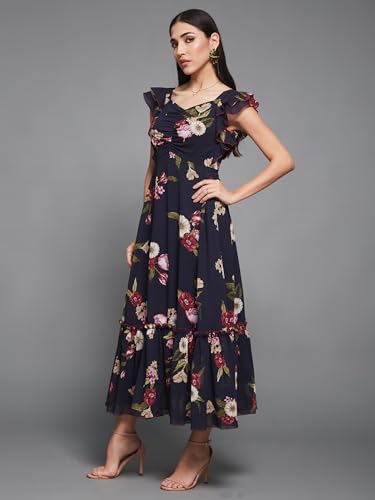 Image of Miss Chase Women's Round Neck Sleeveless Polyester Ruffled Knee- Length Dress