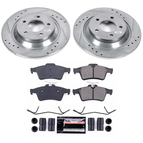 Image of PowerStop Rear Brake Kit for Mazda 5 2008-10 | Mazda 5 2012-15 - Drilled and Slotted Disc Rotors with Carbon-Fiber Ceramic Brake Pads Replacement, K5842