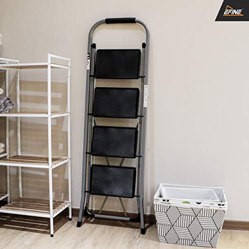 EFINE 4 Step Ladder, Slim Folding Design Step Stool, High Grade Steel with Smooth Powder Coating, Sturdy and Lightwight, Holding up to 330lbs. (Gray)