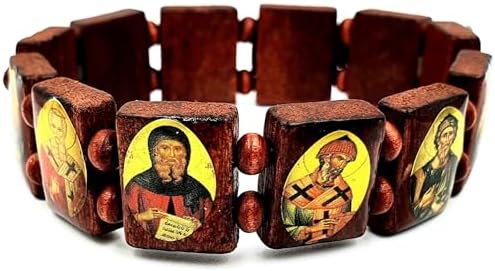 Zuluf Saint Icons Wood Beads Saints Bracelet Elastic Adjustable Bangles From Jerusalem Holy Land | Saint Bracelet For Men And Women Icon Image Stretch Bracelet | Orthodox Catholic Saints |BRA001