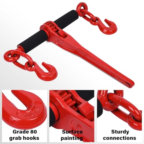 Image of 5 /16'' - 3 /8'' G80 Chain Binders Set, 2 Pack Grade 80 Ratchet Load Binder 5 /16 inch to 3 /8'' with 5 /16'' Tow Transport Chain x10ft with G80 Grab Hook, 5,400lbs Working Load Tie Down