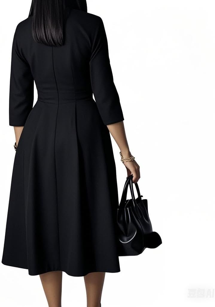 Elegant Church Dresses for Women 2025 3/4 Sleeve Vintage Ruffle A-line Pleated Dress V Neck Business Casual Work Outfits - Image 3