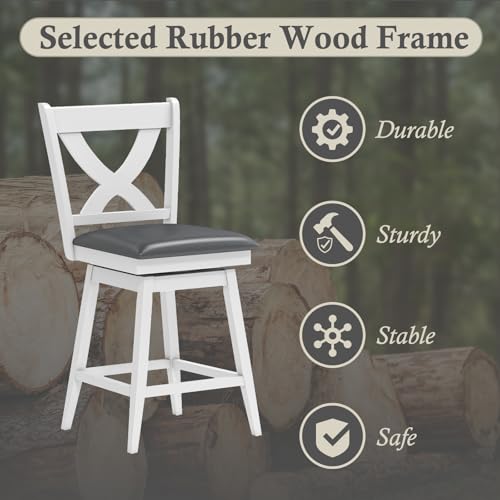 Image of Swivel Bar Stools Set of 2, Farmhouse 24 inch Counter Height Barstools with X Carved Backs, Wooden Bar Chair with Solid Wood Legs & Footrest for Kitchen Island, Home Bar, Pub. Pure White